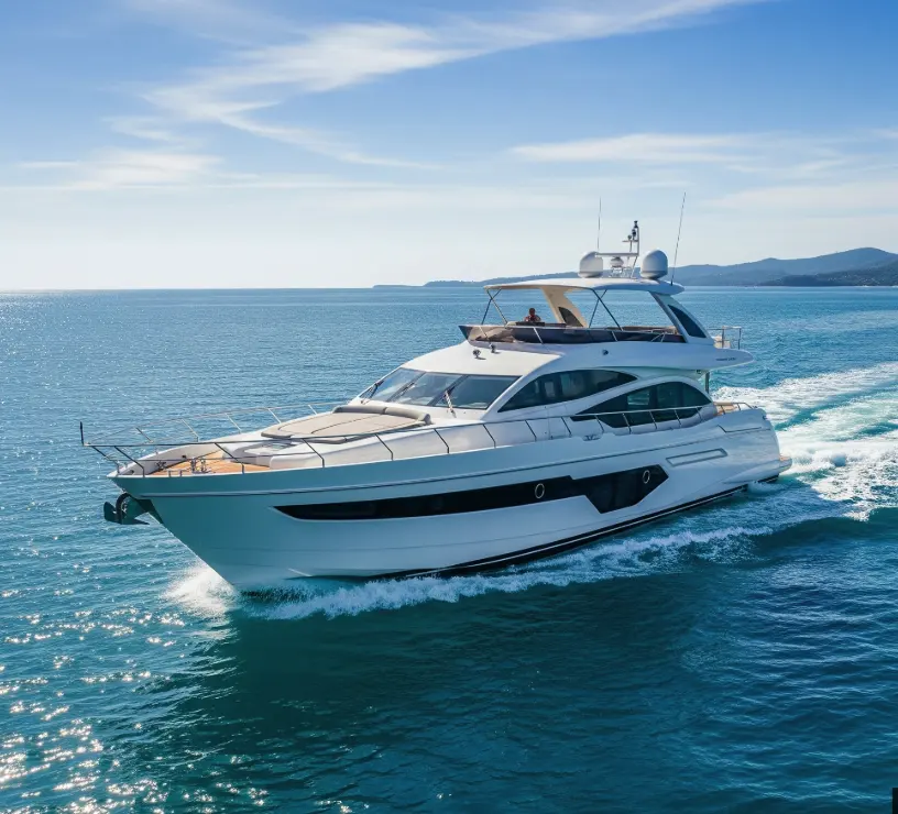 Premium white motor yacht cruising across clear blue water