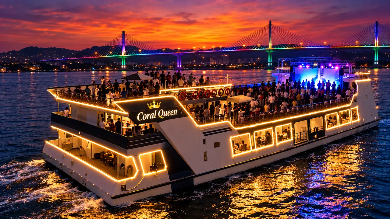 Coral Queen cruise sailing on the Mandovi River at sunset
