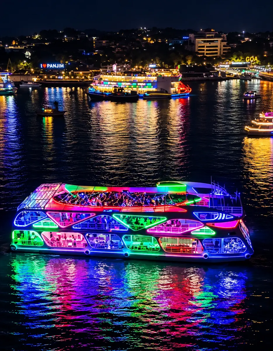 Royal Dinner Cruise glowing with colourful lights on the Mandovi River at night