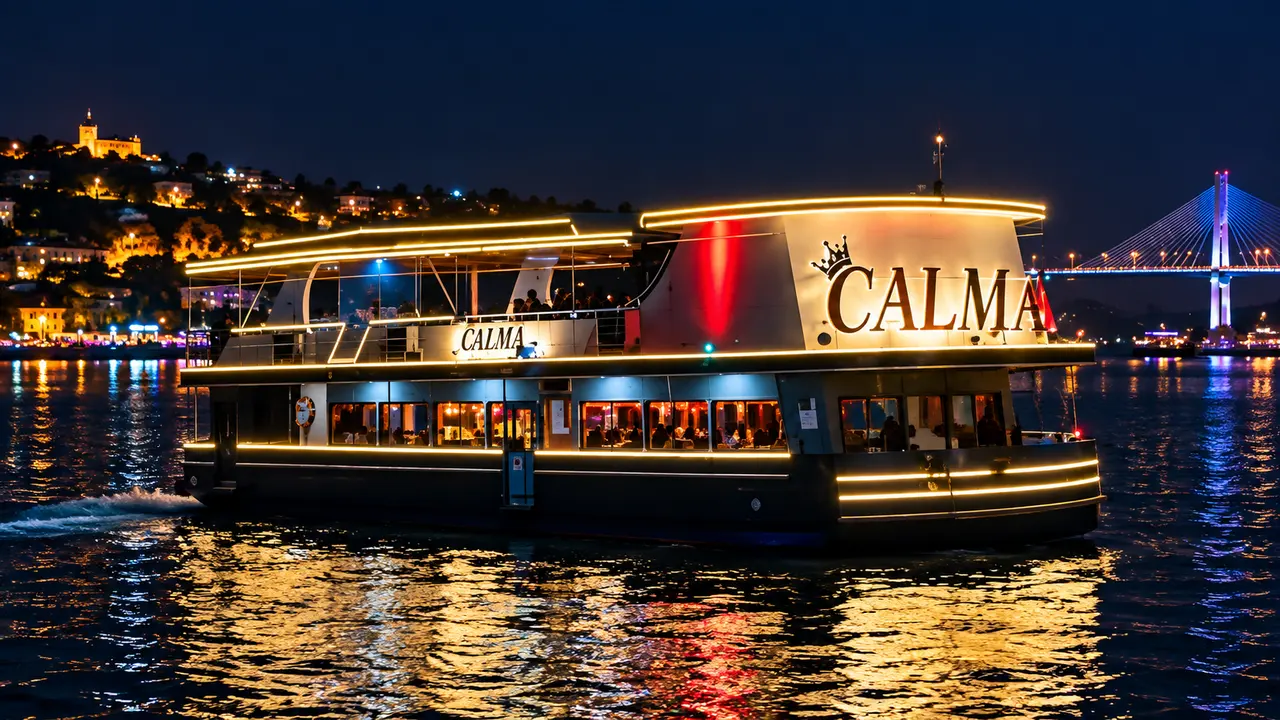 Calma Dinner Cruise illuminated on the Mandovi River at night