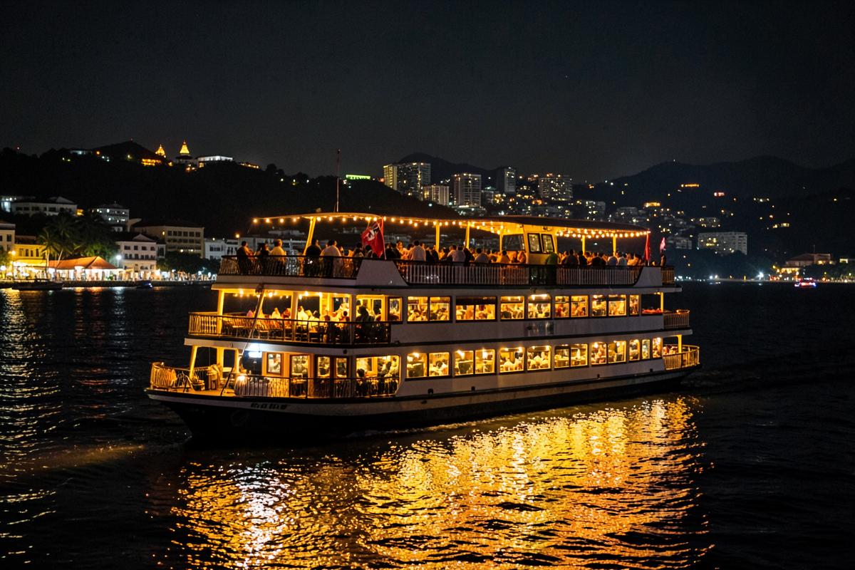 Illuminated double-decker cruise on the Mandovi river at night