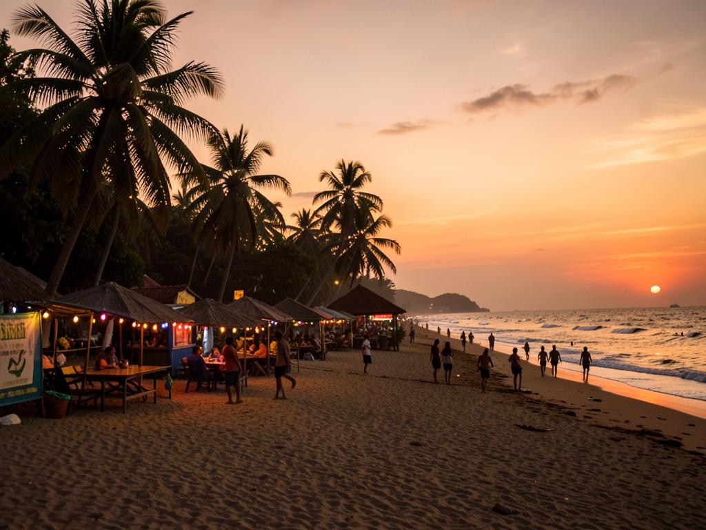 Baga beach shacks glowing at sunset