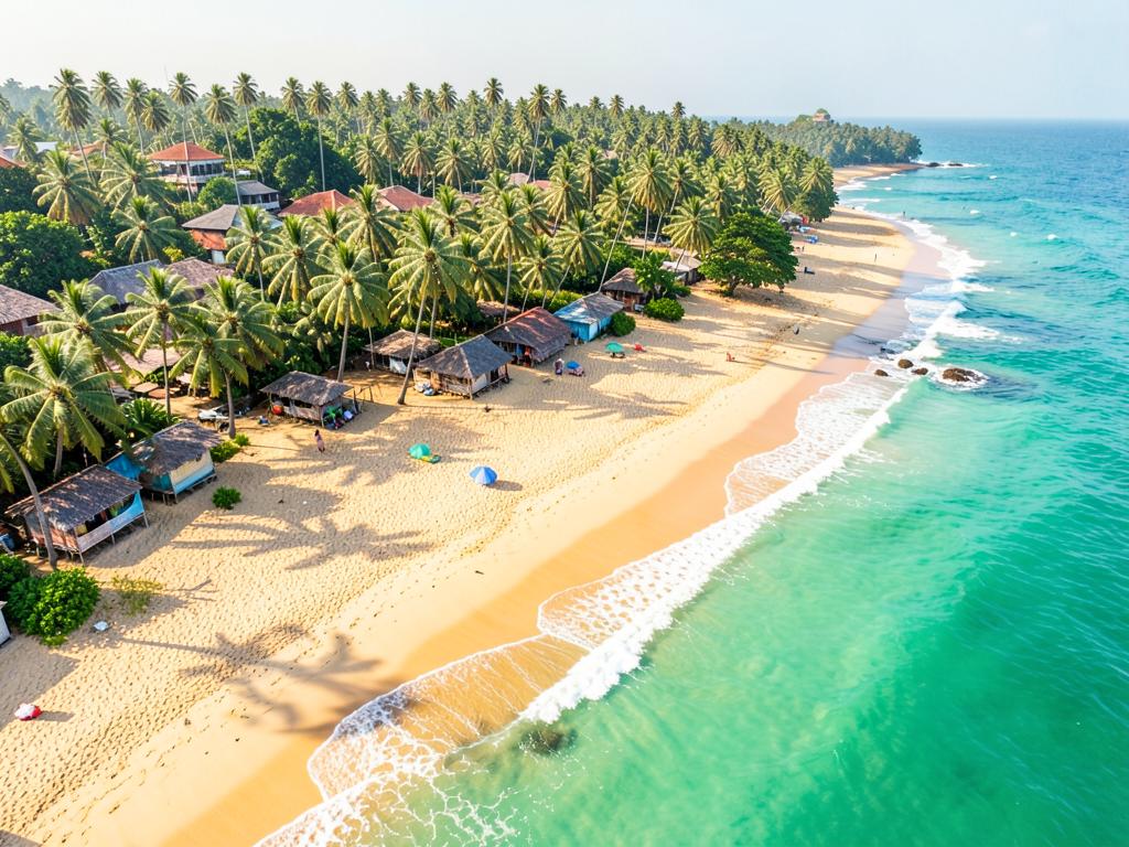 Aerial view of Calangute beach with palm trees and turquoise water