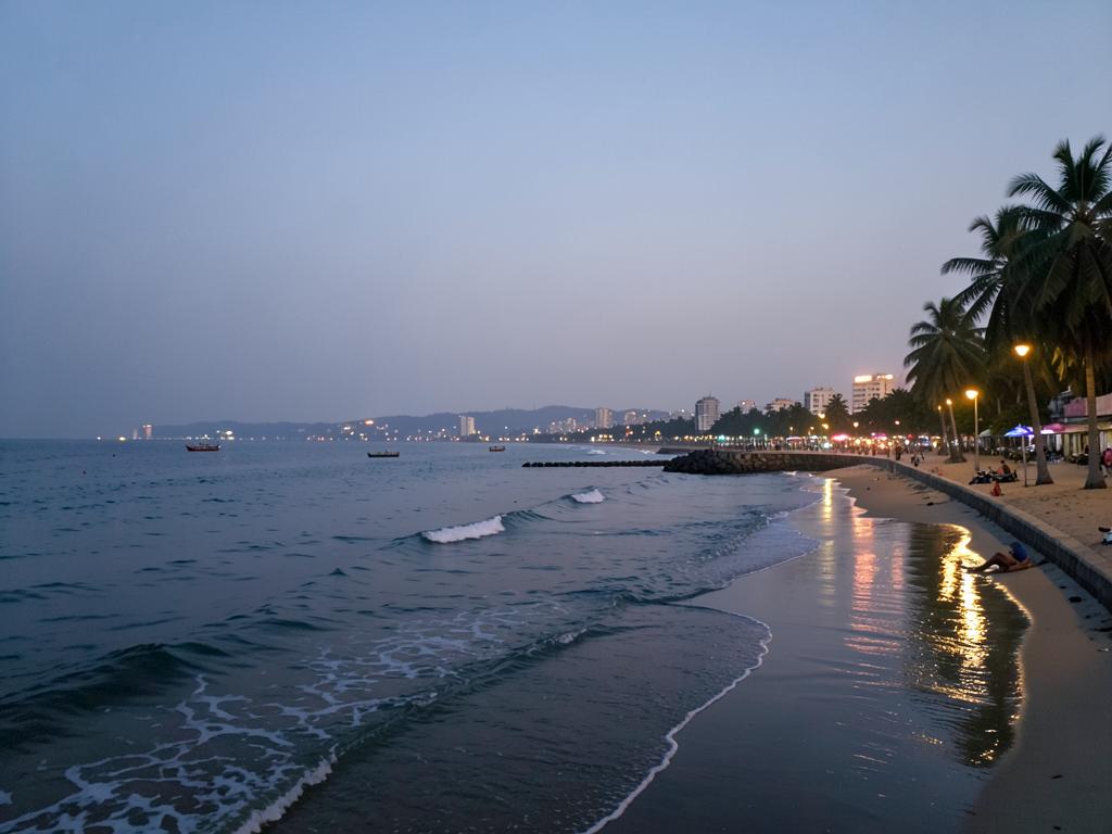 Miramar beach promenade at dusk near Panaji