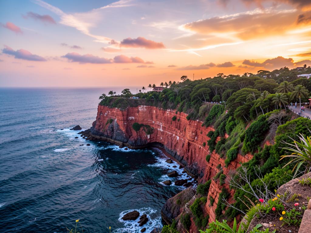 Red cliffs of Vagator overlooking the Arabian Sea at sunset