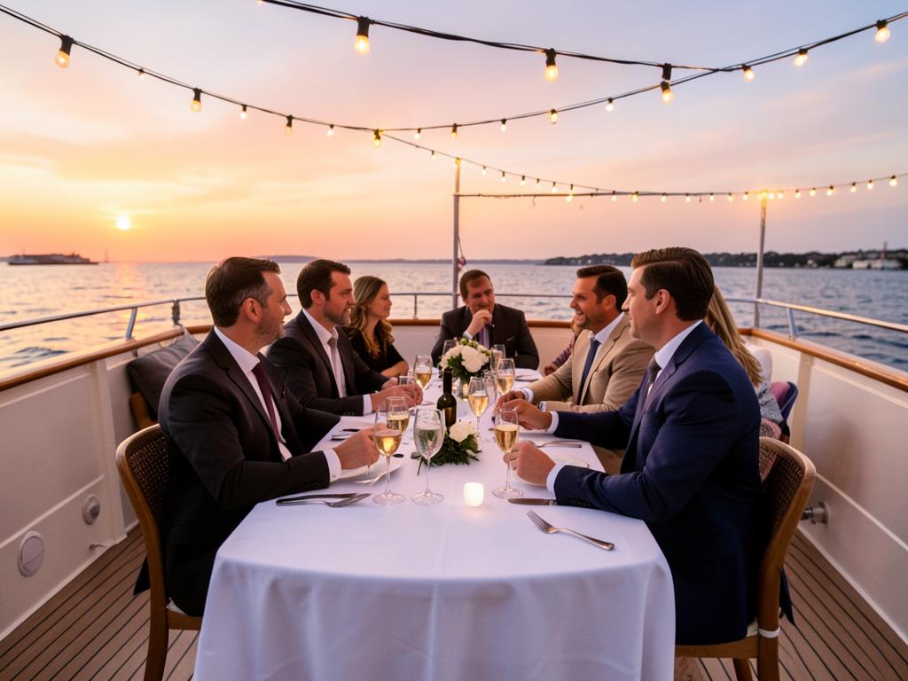 Corporate sunset dinner on a yacht deck with string lights